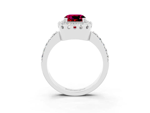 White gold Cushion Cut Diamond Halo Ring with Pavé Band and Prong Setting_3