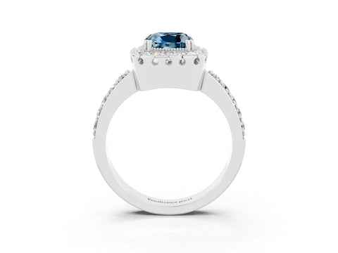 White gold Cushion Cut Diamond Halo Ring with Pavé Band and Prong Setting_3