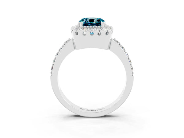 White gold Cushion Cut Blue Topaz Halo Ring with Pavé Band and Prong Setting