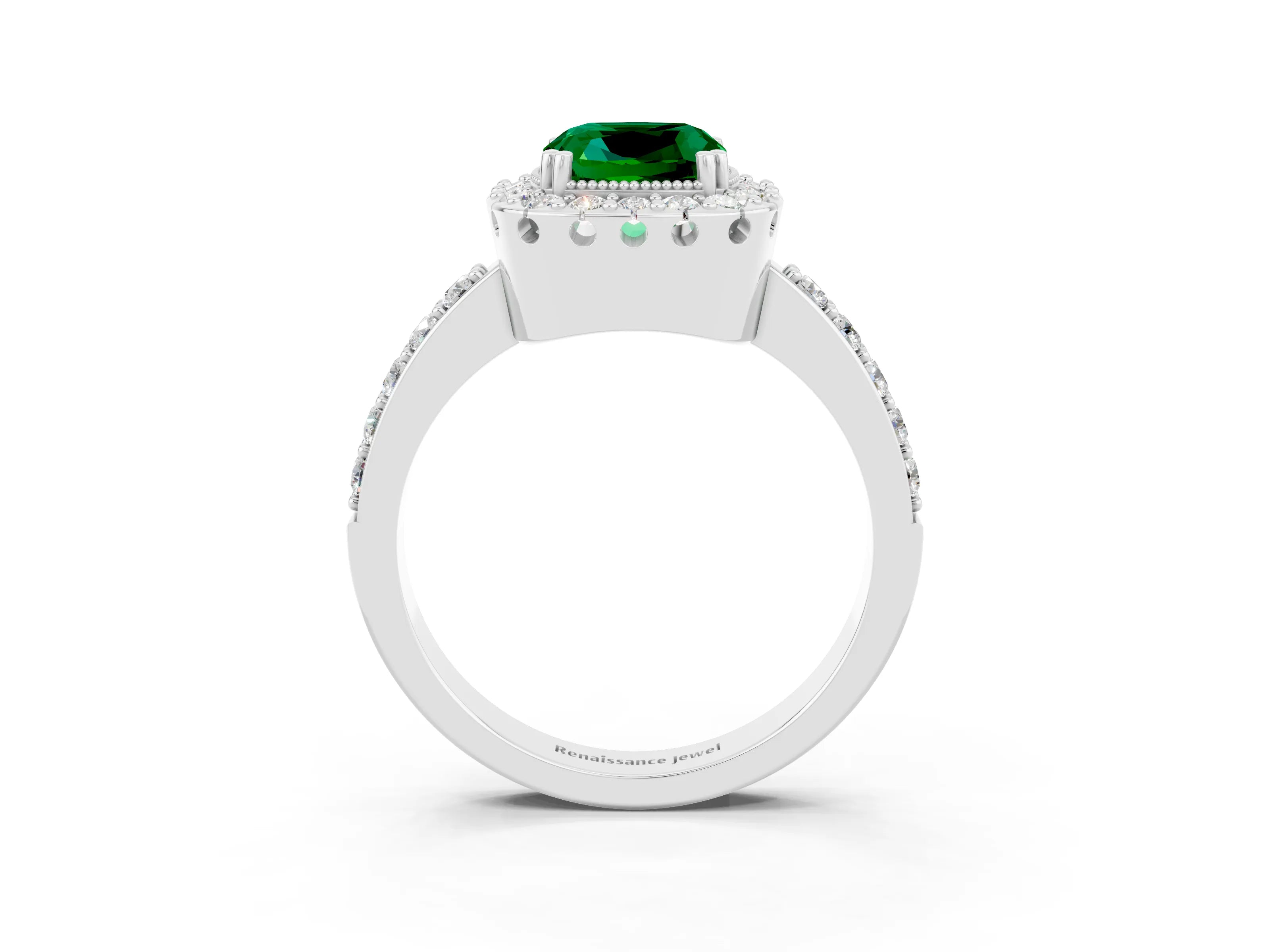 White gold Cushion Cut Diamond Halo Ring with Pavé Band and Prong Setting_3