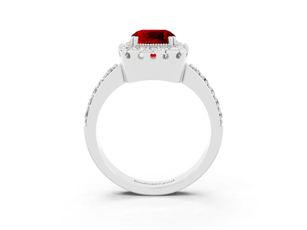 Platinum Cushion Cut Ruby Halo Ring with Pavé Band and Prong Setting