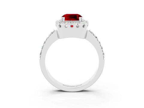 White gold Cushion Cut Diamond Halo Ring with Pavé Band and Prong Setting_3