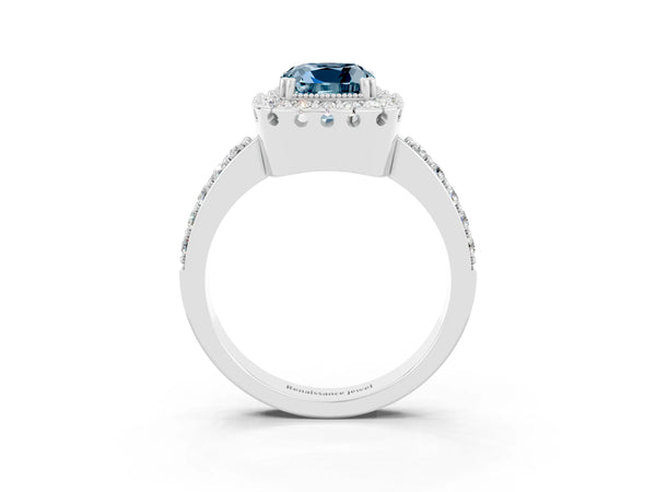 Silver Cushion Cut Aquamarine Halo Ring with Pavé Band and Prong Setting
