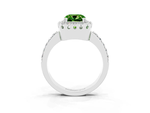 Platinum Cushion Cut Peridot Halo Ring with Pavé Band and Prong Setting