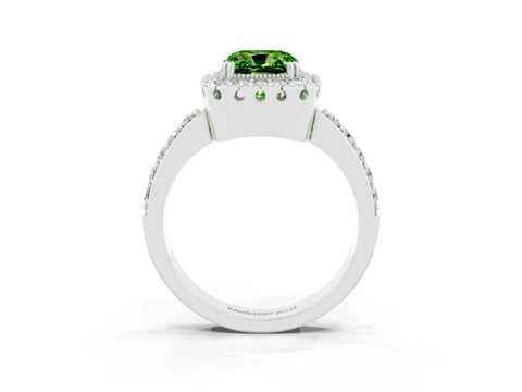 White gold Cushion Cut Diamond Halo Ring with Pavé Band and Prong Setting_3