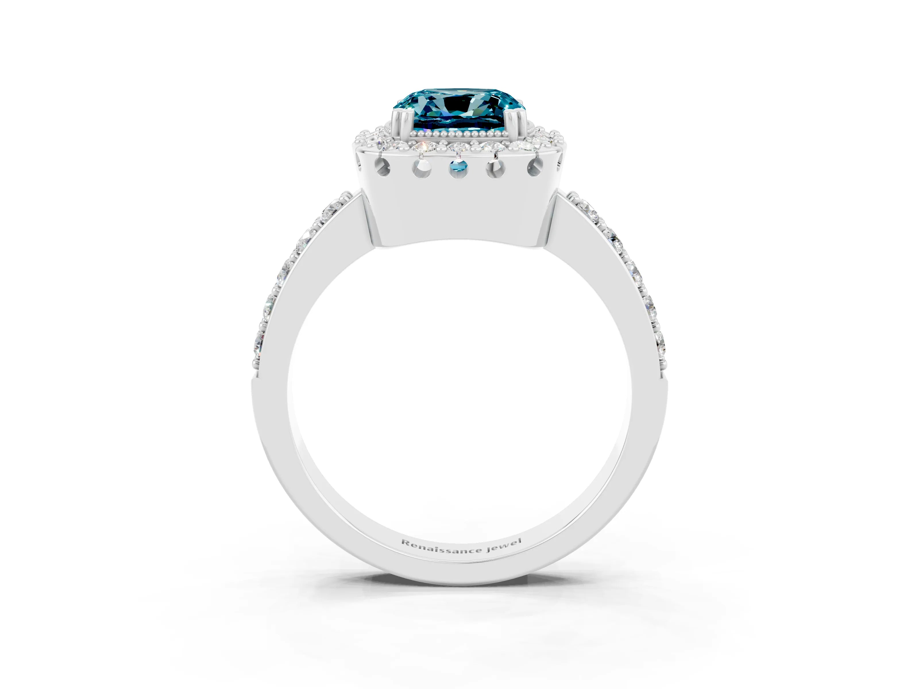 White gold Cushion Cut Diamond Halo Ring with Pavé Band and Prong Setting_3