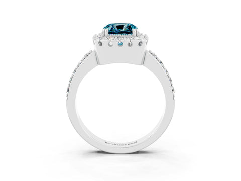 White gold Cushion Cut Diamond Halo Ring with Pavé Band and Prong Setting_3