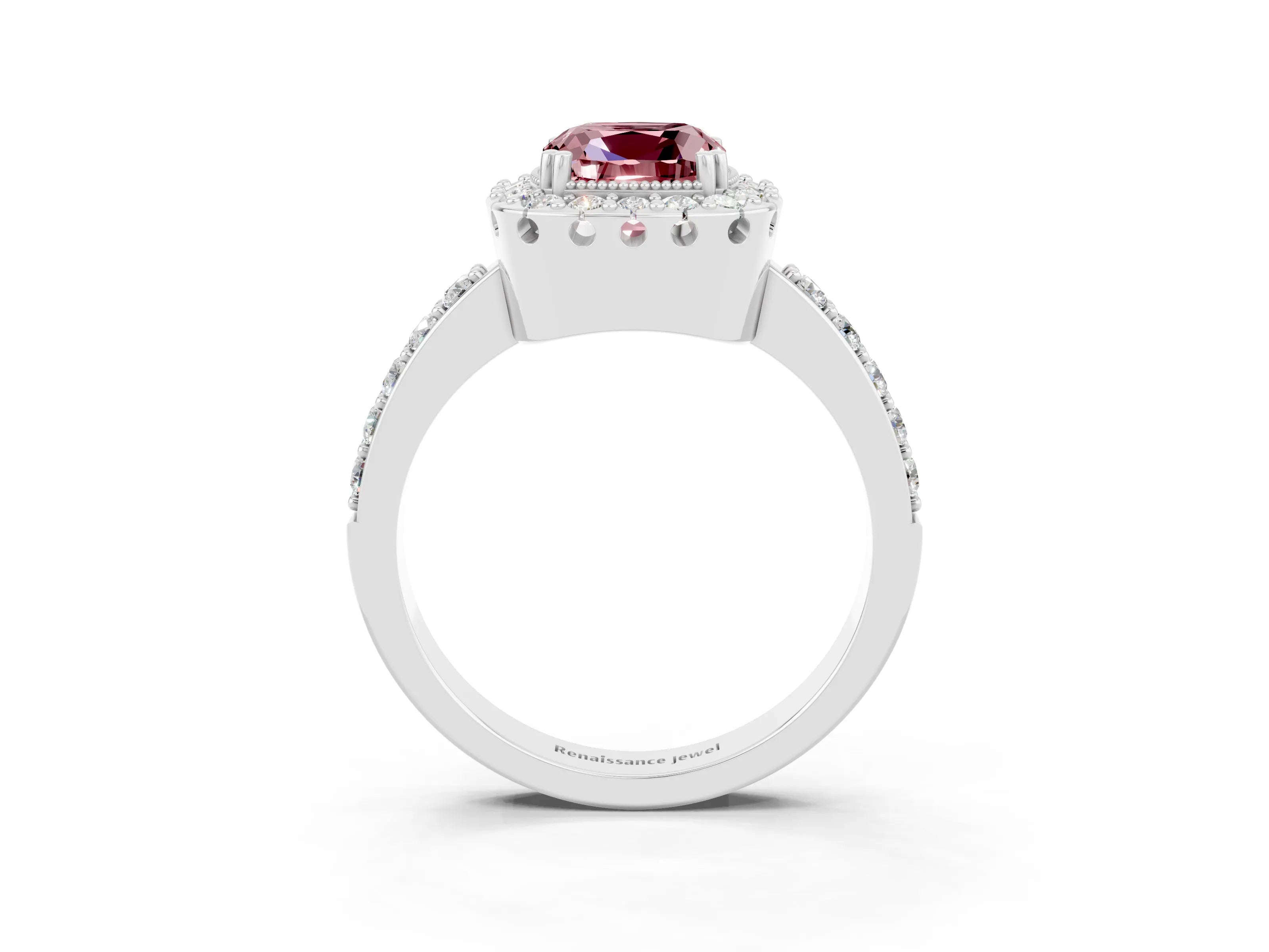 White gold Cushion Cut Diamond Halo Ring with Pavé Band and Prong Setting_3