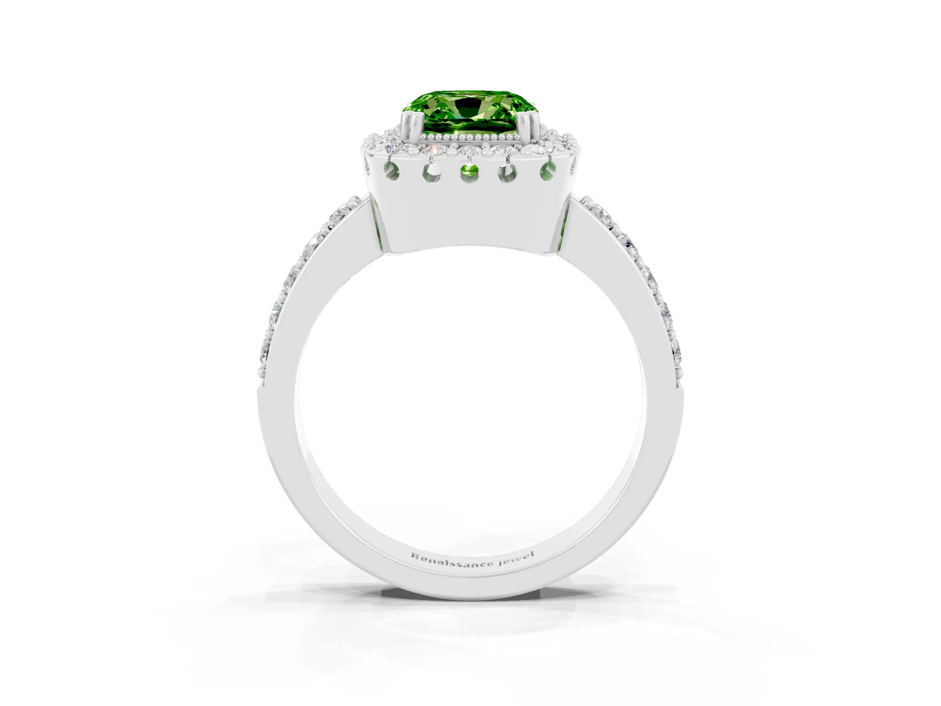 White gold Cushion Cut Diamond Halo Ring with Pavé Band and Prong Setting_3