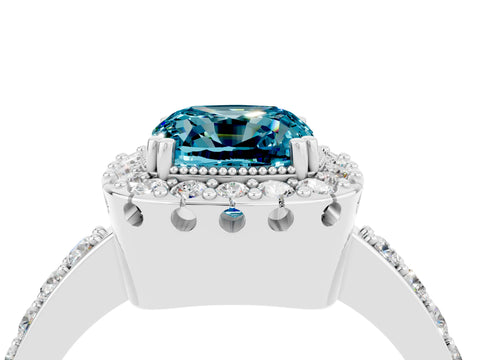 White gold Cushion Cut Diamond Halo Ring with Pavé Band and Prong Setting_4