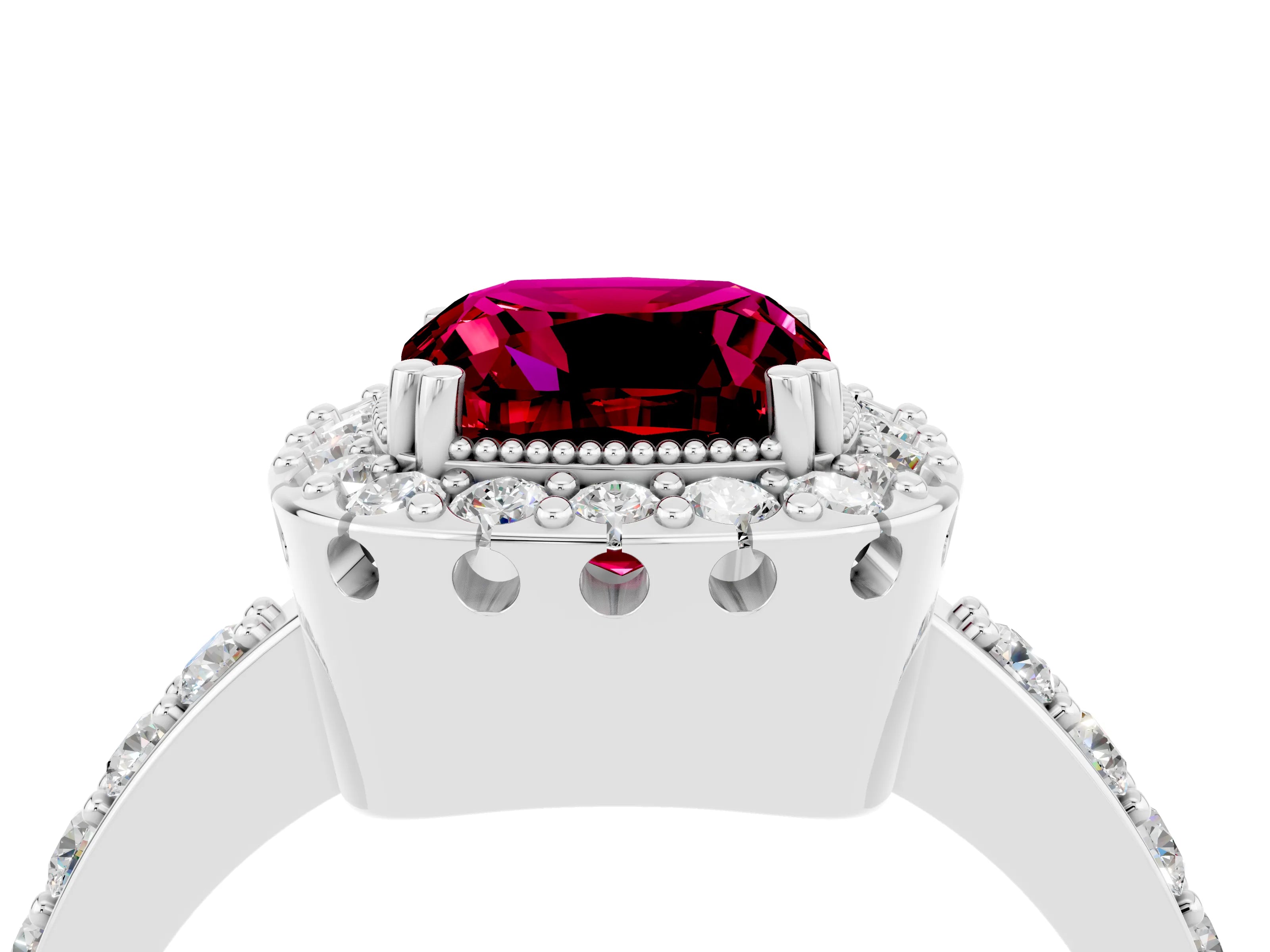 White gold Cushion Cut Diamond Halo Ring with Pavé Band and Prong Setting_4