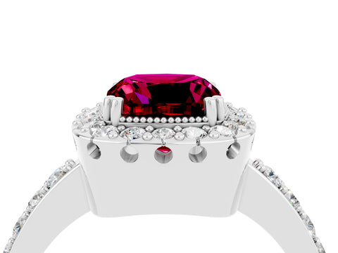 White gold Cushion Cut Diamond Halo Ring with Pavé Band and Prong Setting_4