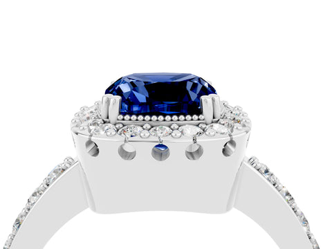 White gold Cushion Cut Diamond Halo Ring with Pavé Band and Prong Setting_4