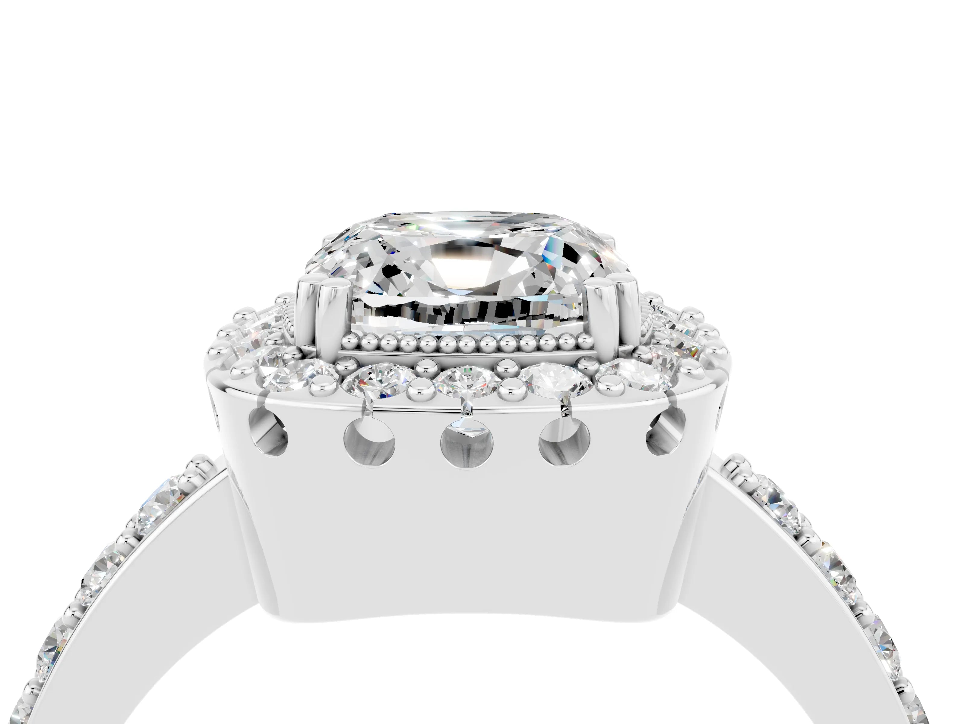 White gold Cushion Cut Diamond Halo Ring with Pavé Band and Prong Setting_4