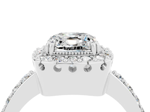 White gold Cushion Cut Diamond Halo Ring with Pavé Band and Prong Setting_4