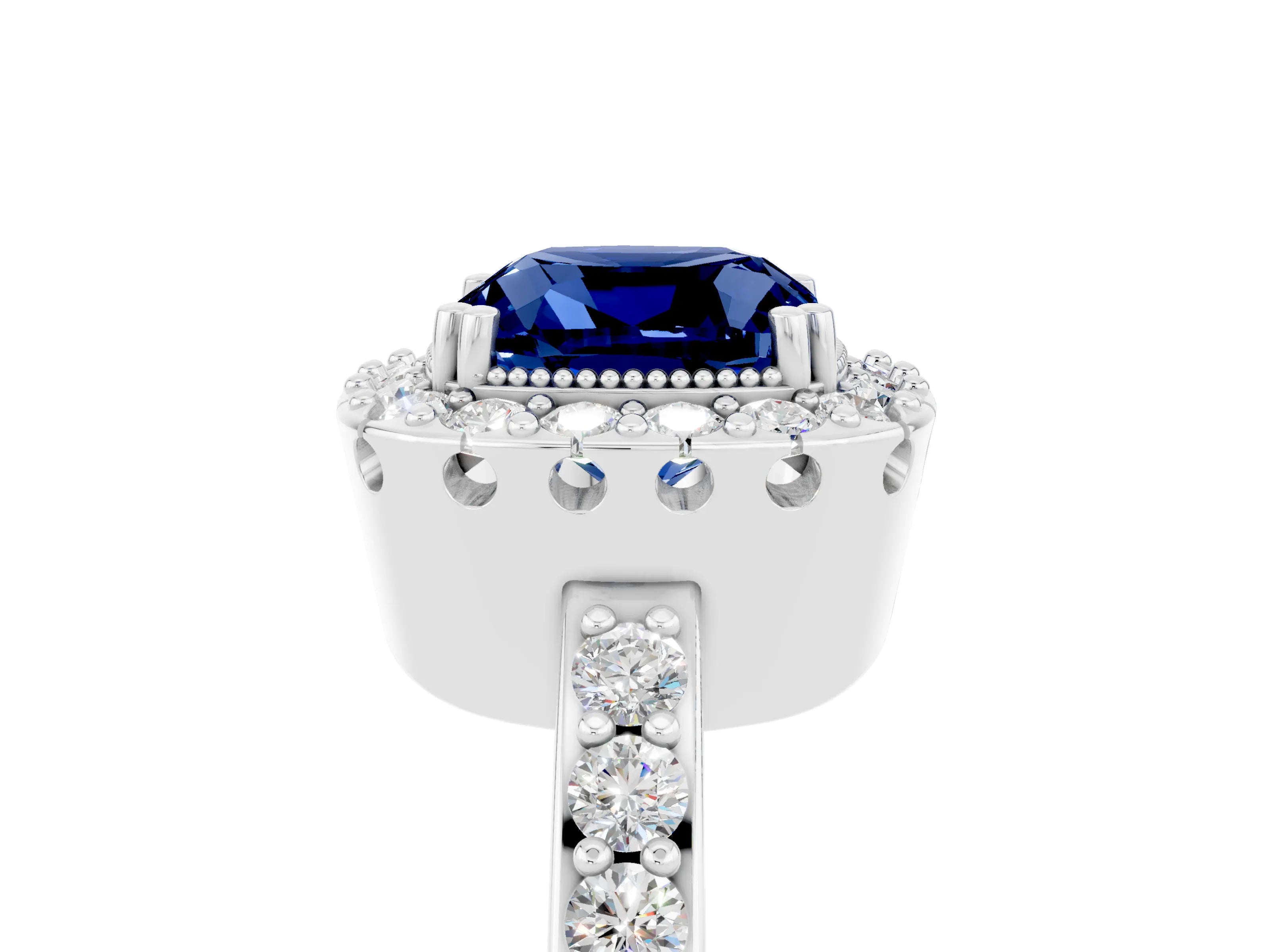 White gold Cushion Cut Diamond Halo Ring with Pavé Band and Prong Setting_5