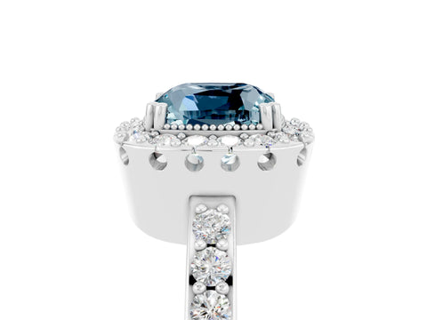 White gold Cushion Cut Diamond Halo Ring with Pavé Band and Prong Setting_5