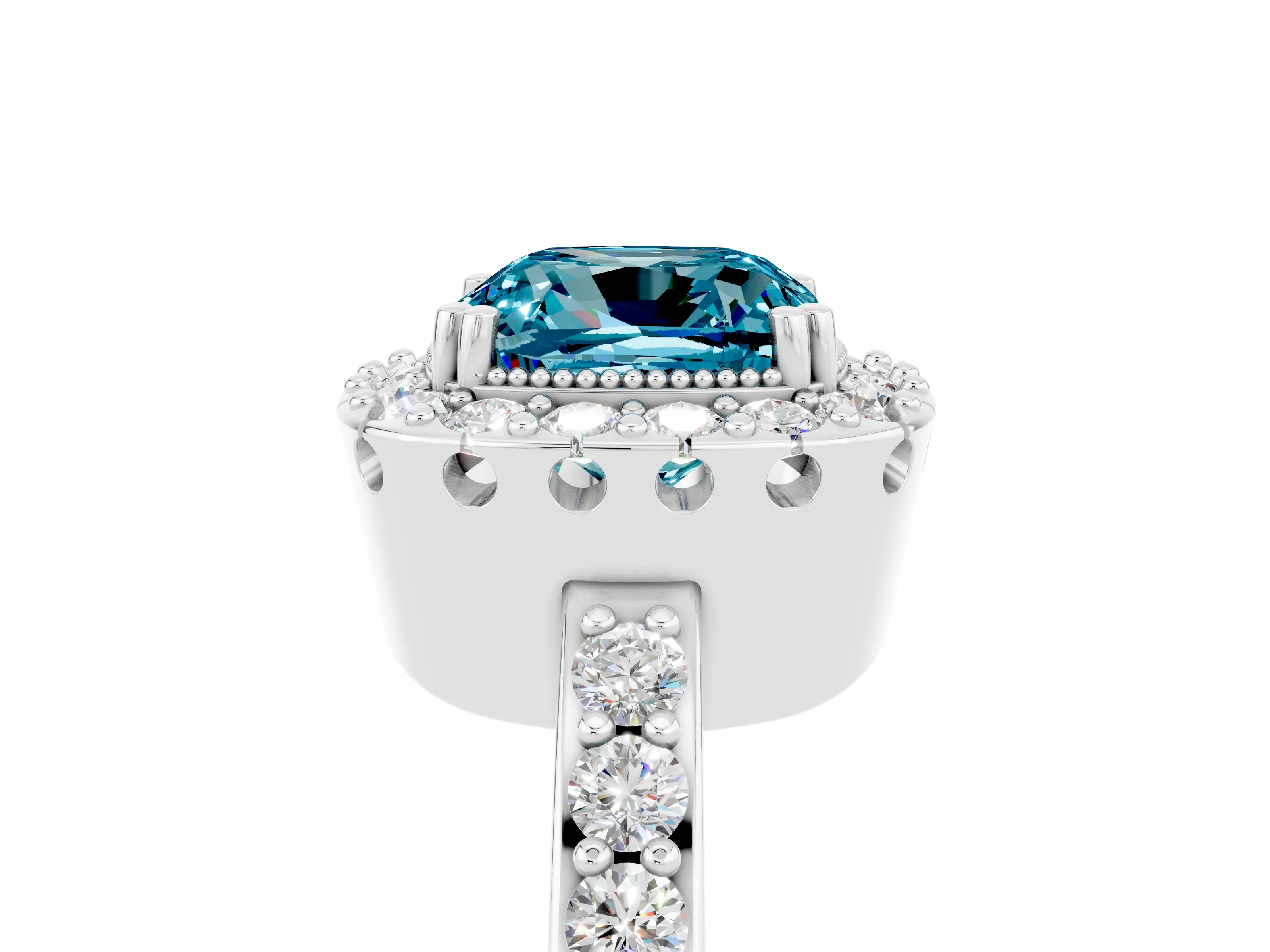 White gold Cushion Cut Diamond Halo Ring with Pavé Band and Prong Setting_5