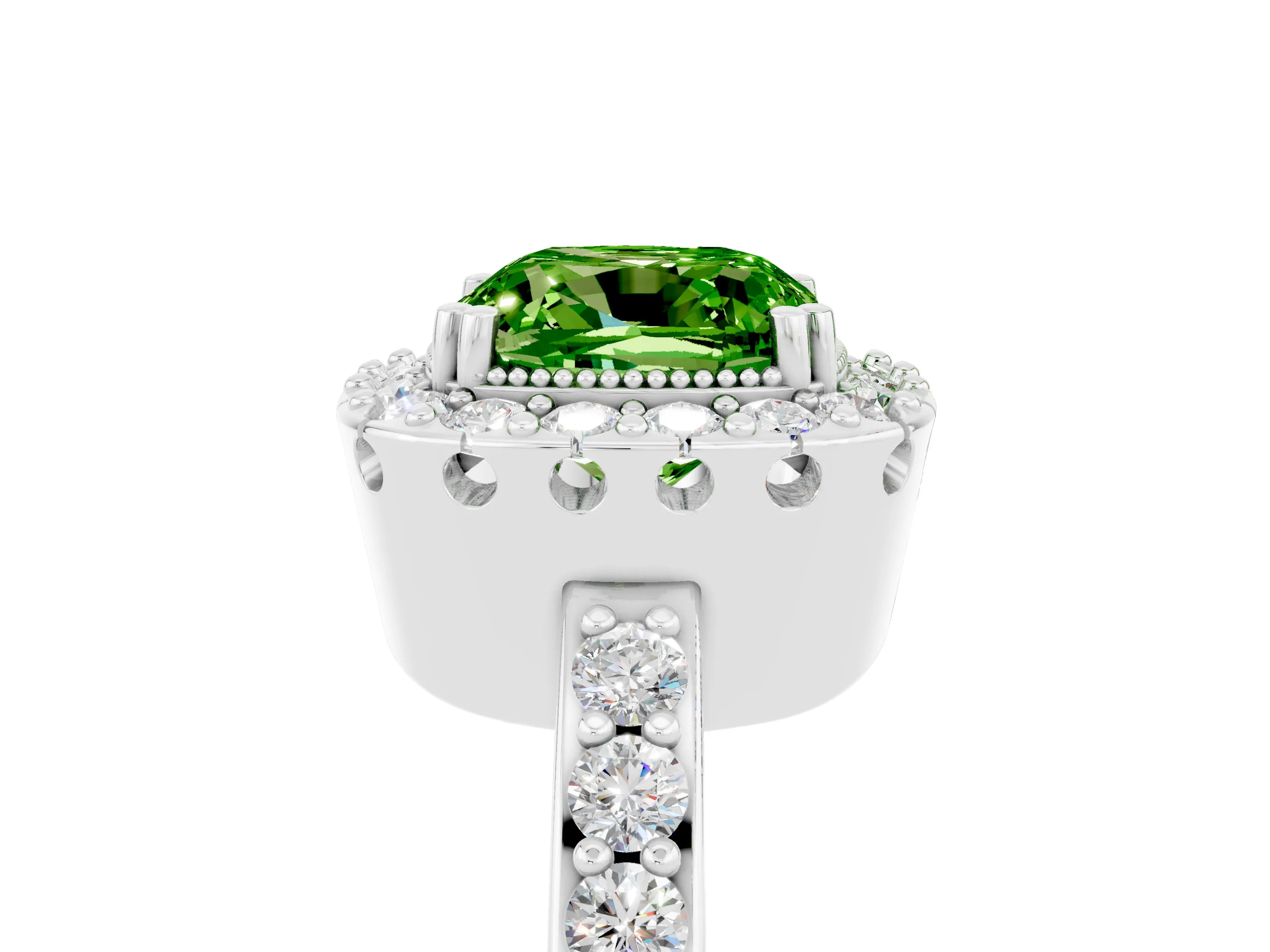 White gold Cushion Cut Diamond Halo Ring with Pavé Band and Prong Setting_5