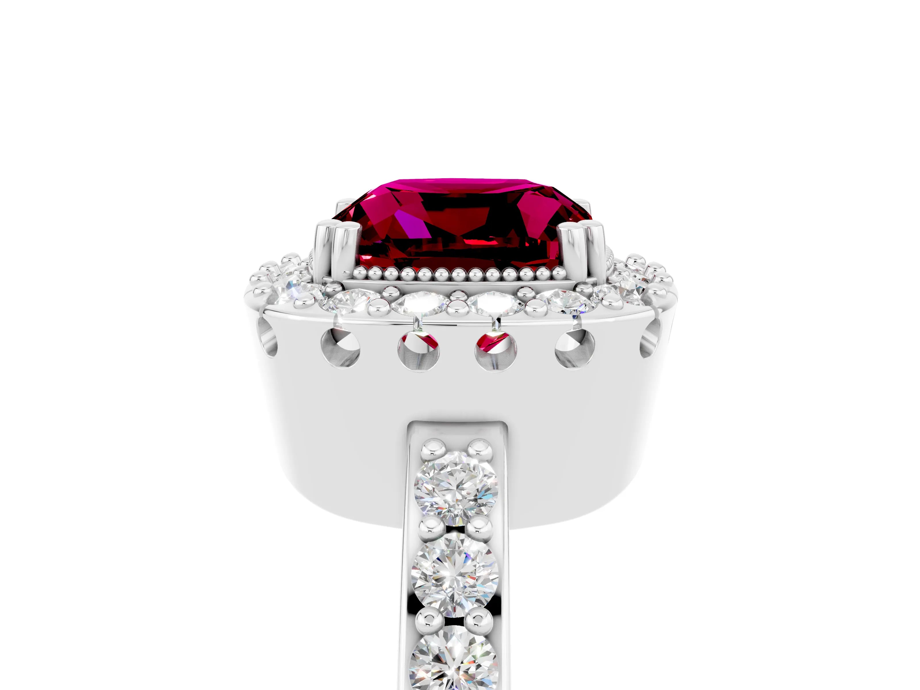 White gold Cushion Cut Diamond Halo Ring with Pavé Band and Prong Setting_5