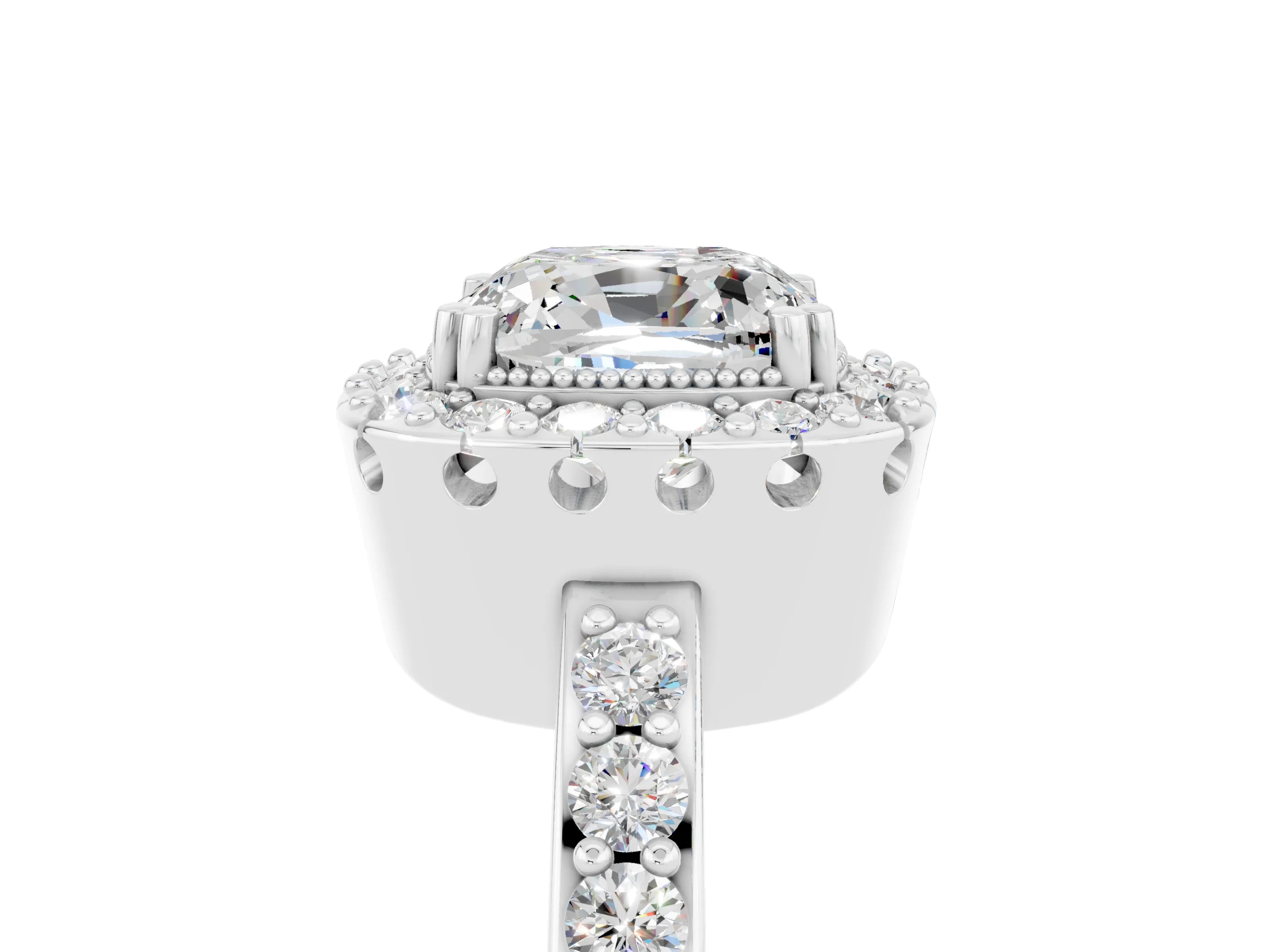White gold Cushion Cut Diamond Halo Ring with Pavé Band and Prong Setting_5