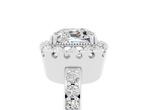 White gold Cushion Cut Diamond Halo Ring with Pavé Band and Prong Setting_5