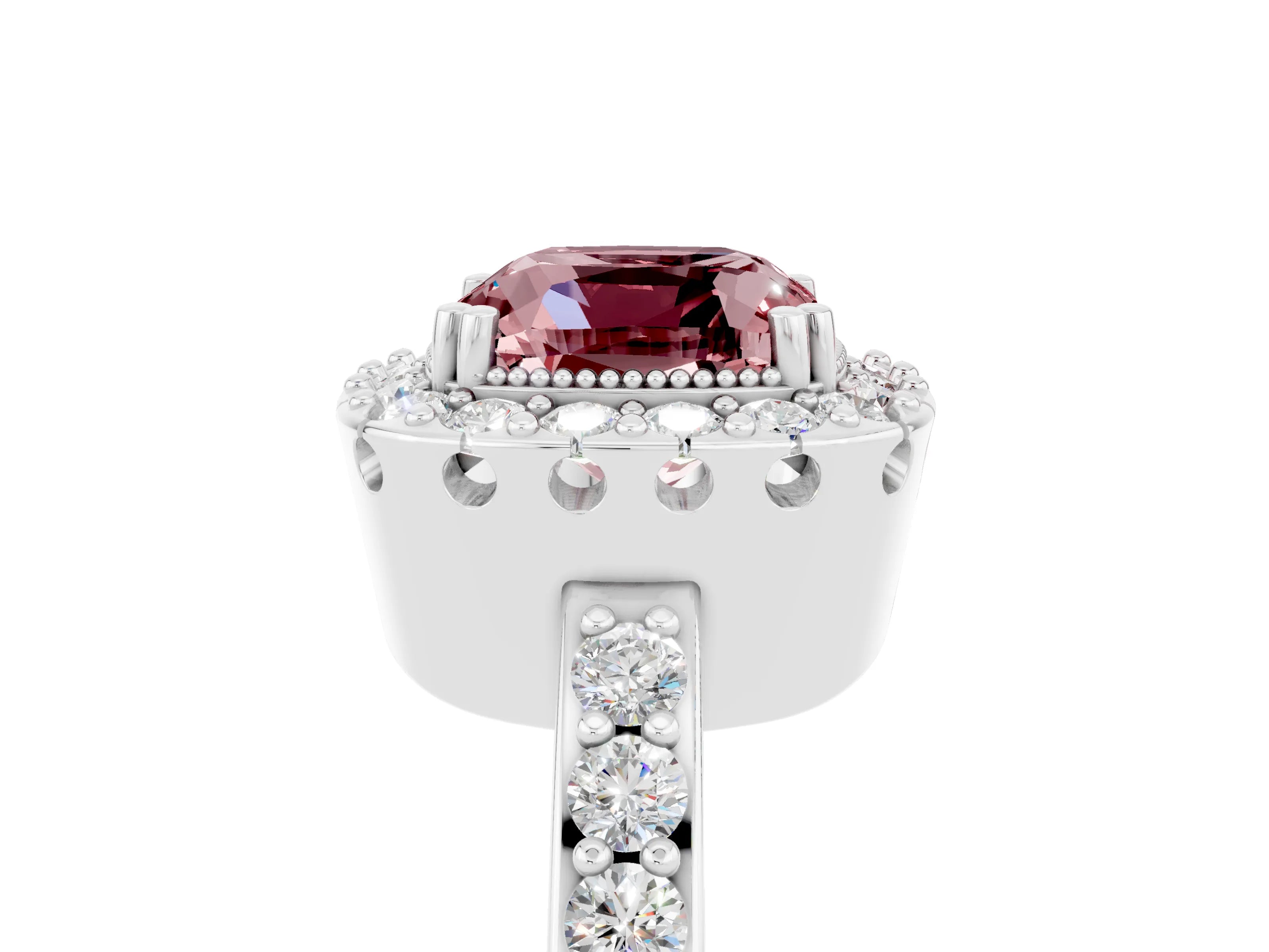 White gold Cushion Cut Diamond Halo Ring with Pavé Band and Prong Setting_5