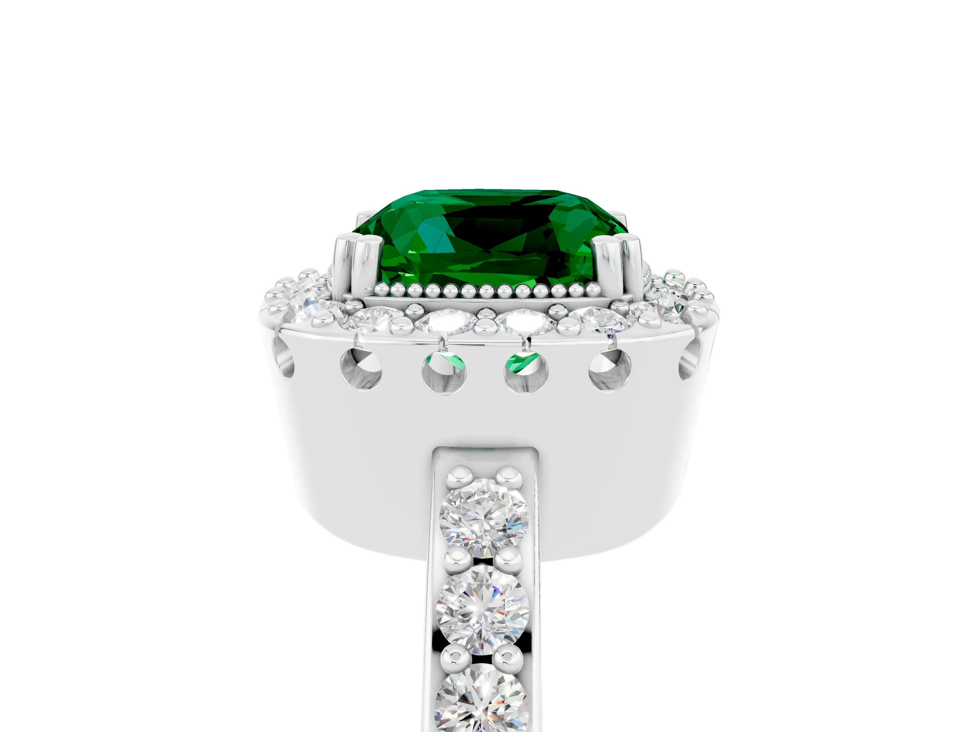 White gold Cushion Cut Diamond Halo Ring with Pavé Band and Prong Setting_5