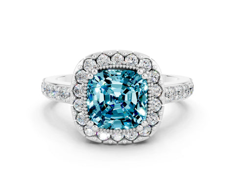 White gold Cushion Cut Diamond Halo Ring with Pavé Band and Prong Setting