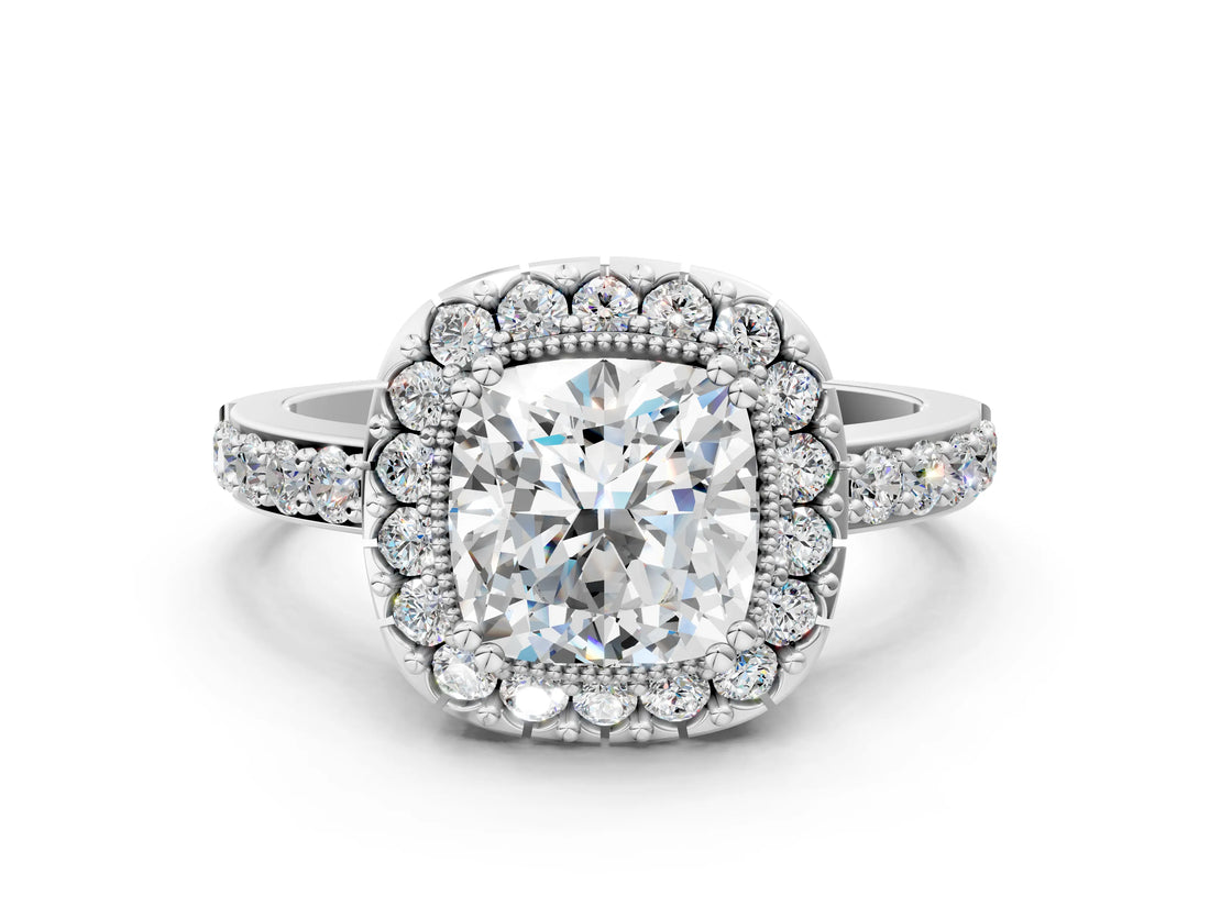 White gold Cushion Cut Diamond Halo Ring with Pavé Band and Prong Setting_7