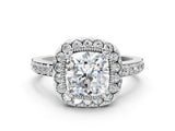 White gold Cushion Cut Diamond Halo Ring with Pavé Band and Prong Setting_7