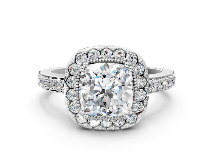 White gold Cushion Cut Diamond Halo Ring with Pavé Band and Prong Setting