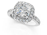 White gold Cushion Cut Diamond Halo Ring with Pavé Band and Prong Setting_8
