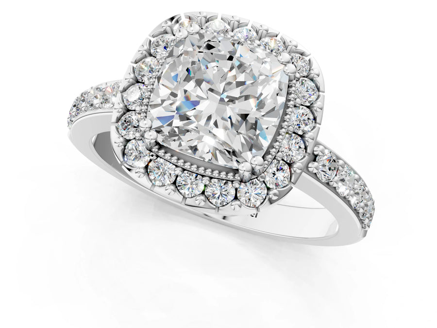 White gold Cushion Cut Diamond Halo Ring with Pavé Band and Prong Setting