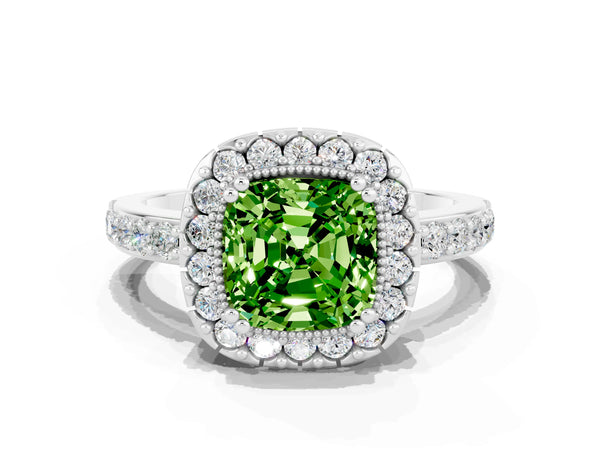 Platinum Cushion Cut Peridot Halo Ring with Pavé Band and Prong Setting