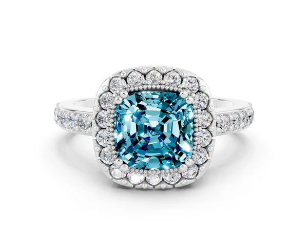 White gold Cushion Cut Blue Topaz Halo Ring with Pavé Band and Prong Setting