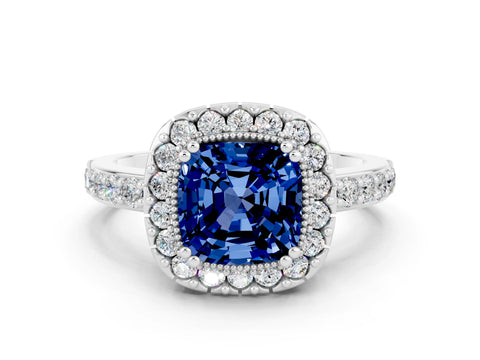 White gold Cushion Cut Diamond Halo Ring with Pavé Band and Prong Setting