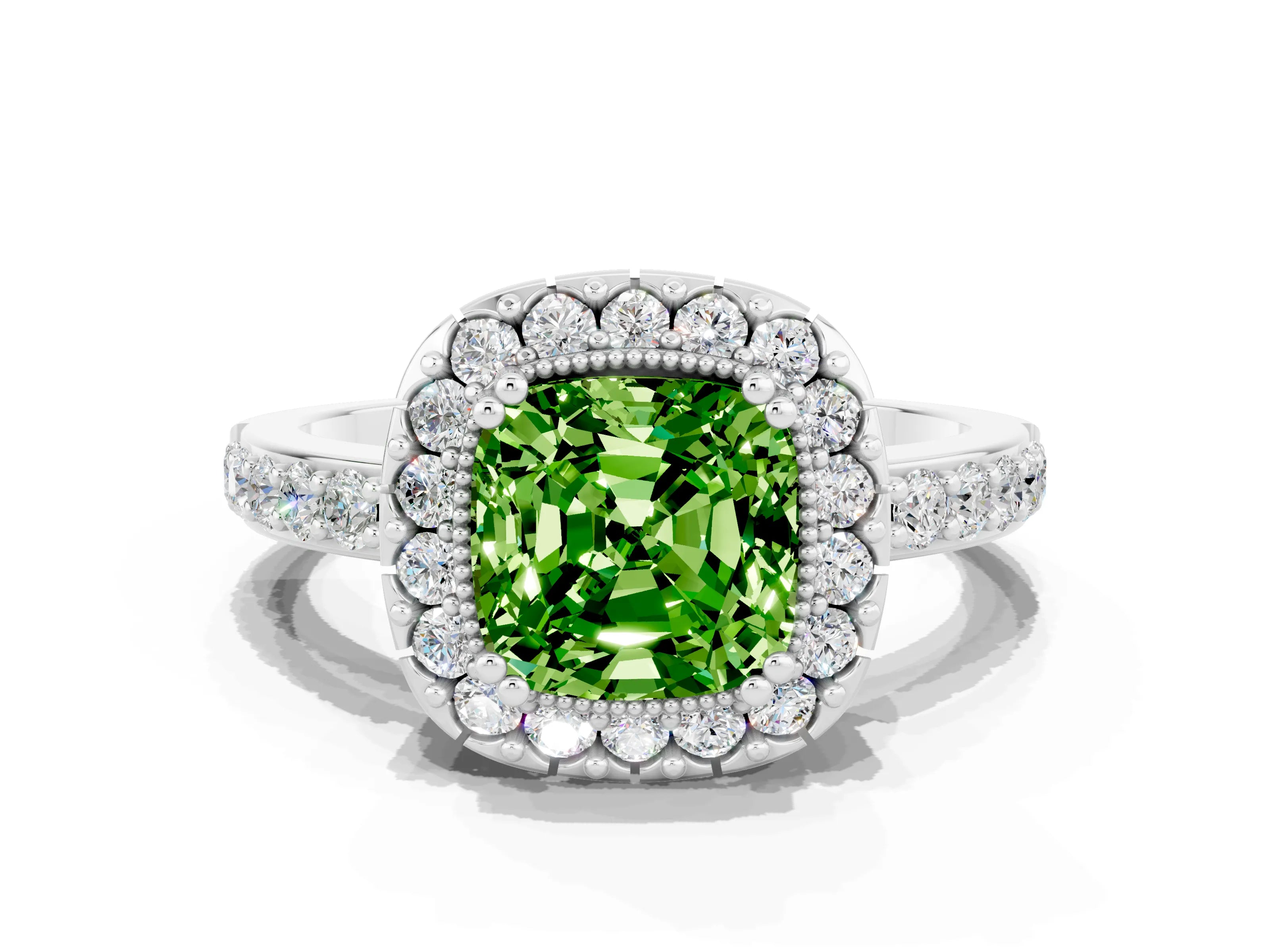 White gold Cushion Cut Diamond Halo Ring with Pavé Band and Prong Setting