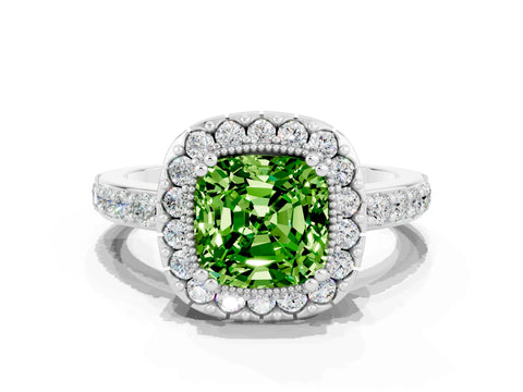 White gold Cushion Cut Diamond Halo Ring with Pavé Band and Prong Setting