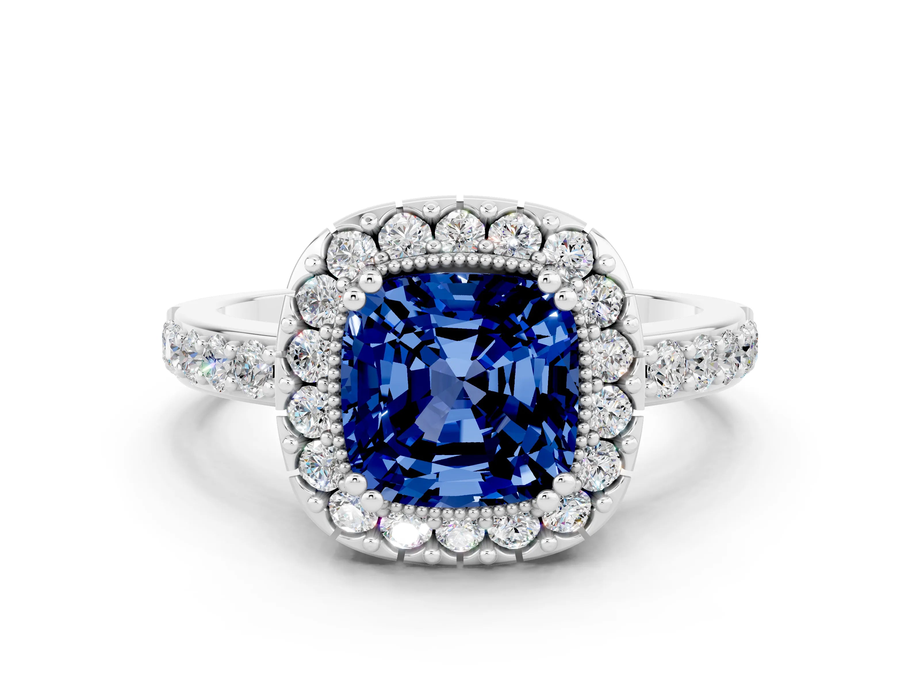 White gold Cushion Cut Diamond Halo Ring with Pavé Band and Prong Setting