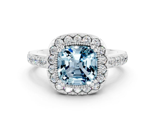 Silver Cushion Cut Aquamarine Halo Ring with Pavé Band and Prong Setting