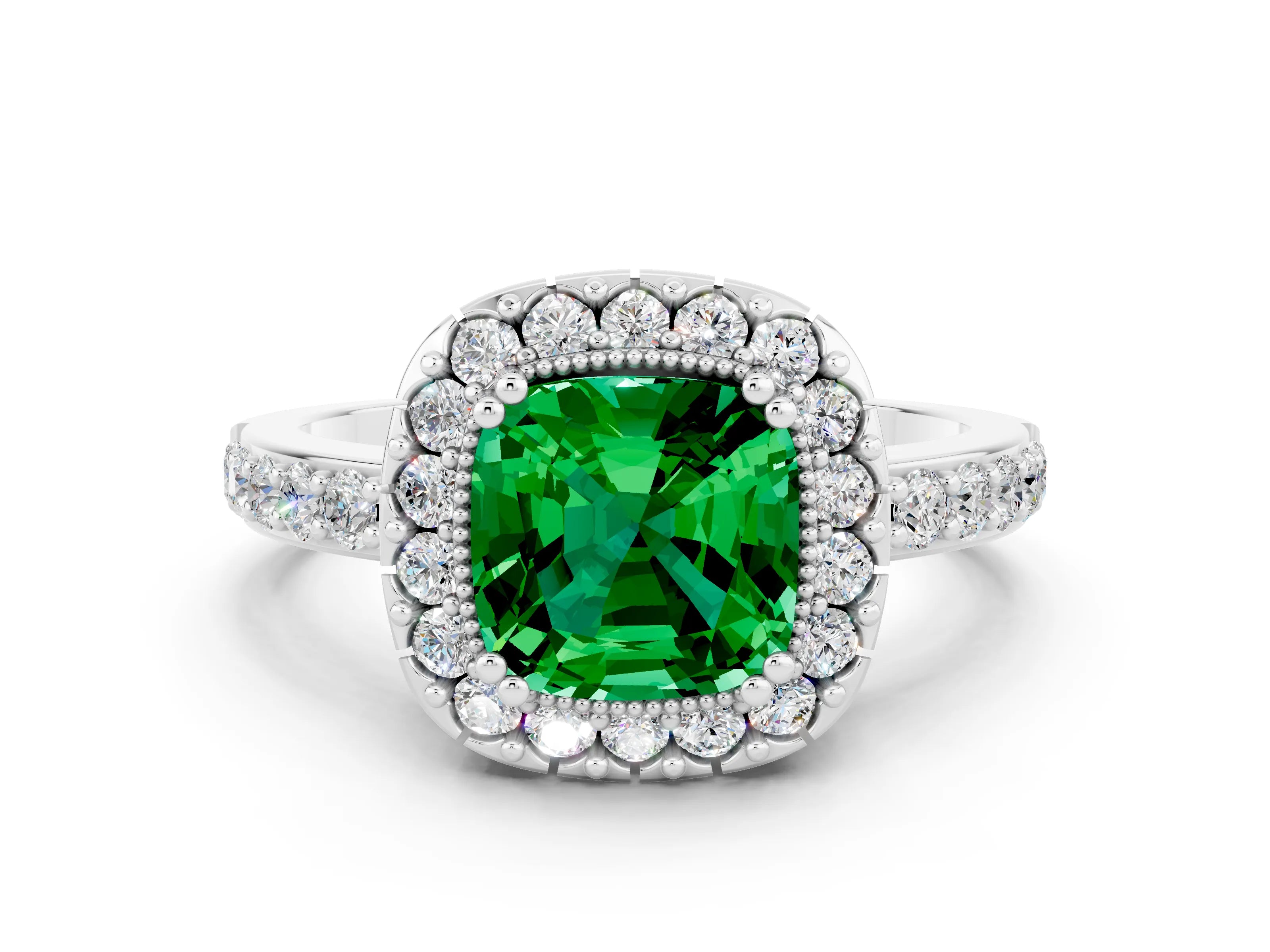 White gold Cushion Cut Diamond Halo Ring with Pavé Band and Prong Setting