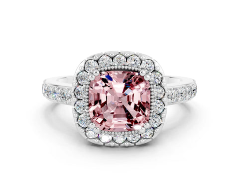 White gold Cushion Cut Diamond Halo Ring with Pavé Band and Prong Setting