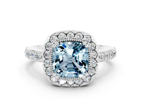 White gold Cushion Cut Diamond Halo Ring with Pavé Band and Prong Setting
