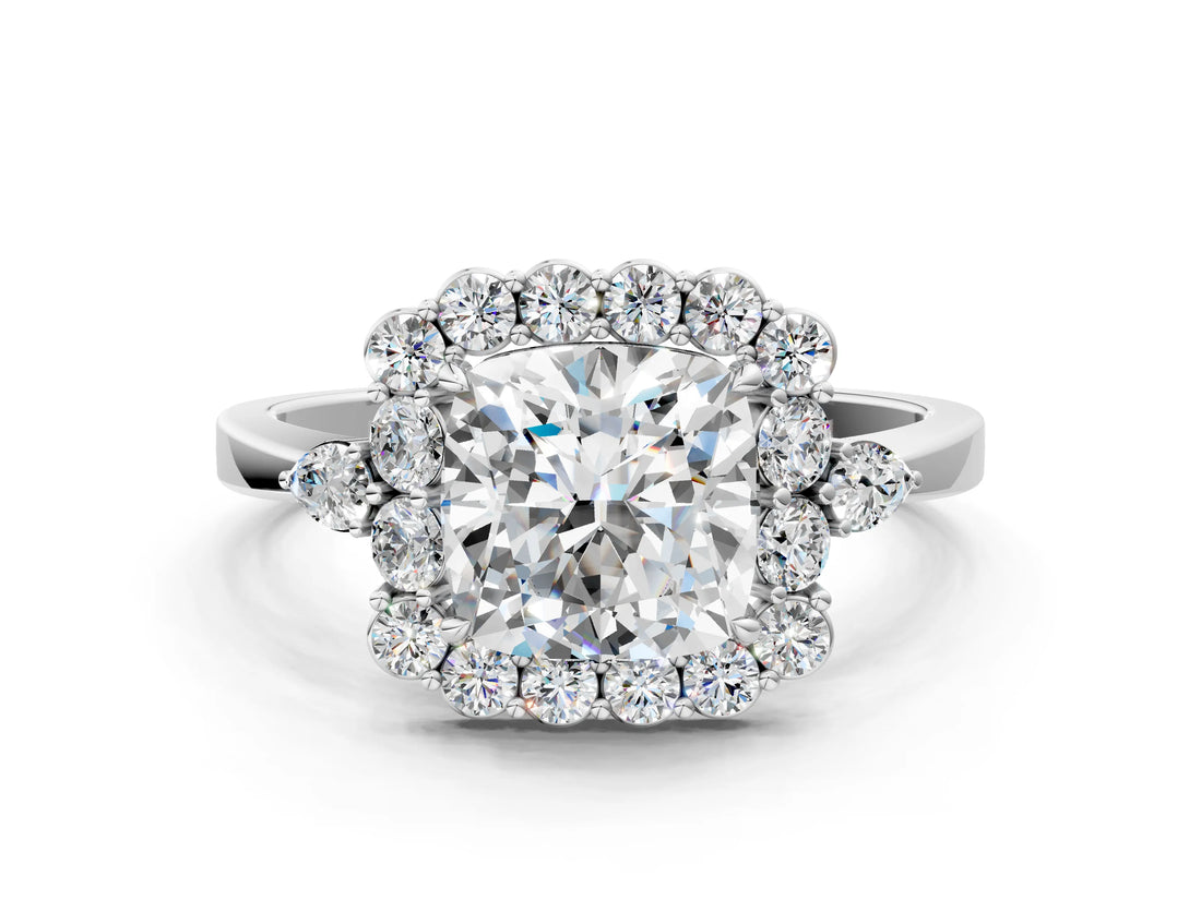 White gold Cushion Cut Diamond Halo Ring with Pear Side Stones and Prong Setting_73