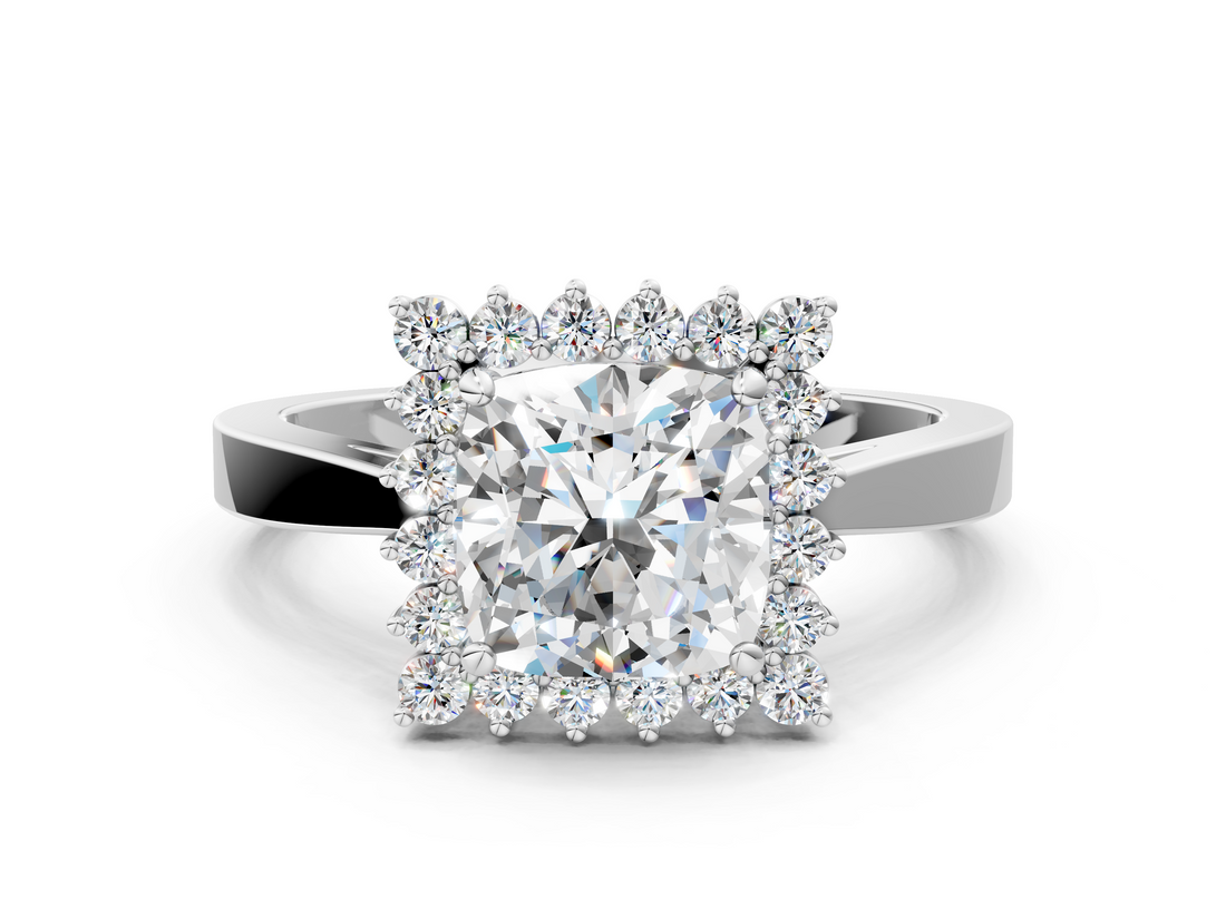 White gold Cushion Cut Diamond Halo Ring with Round Brilliant Halo and Solitaire Band_116