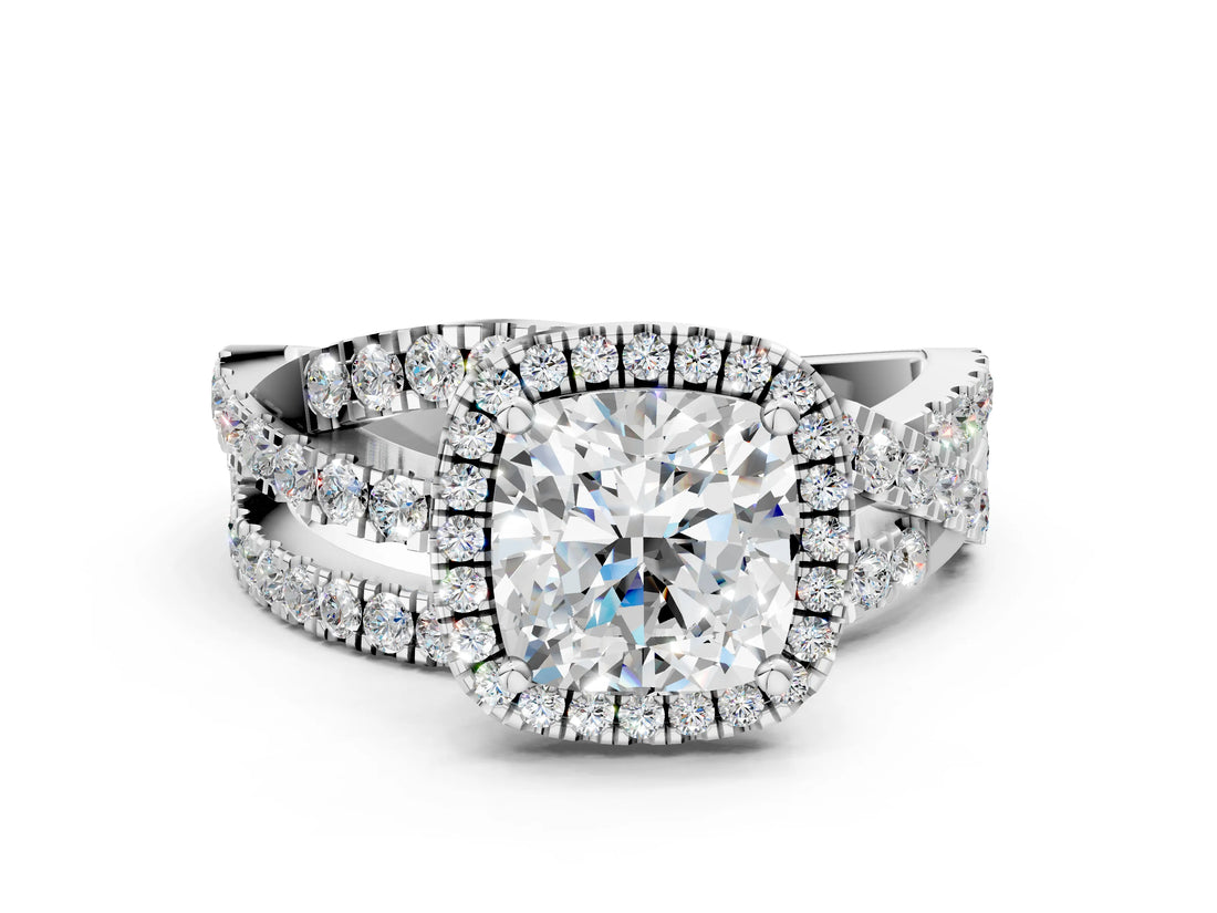 White gold Cushion Cut Diamond Halo Ring with Round Split Shank and Prong Setting_18