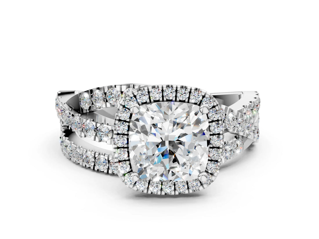 White gold Cushion Cut Diamond Halo Ring with Round Split Shank and Prong Setting_54