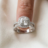 White gold Cushion Cut Diamond Halo Ring with Split Shank Pavé Band and Prong Setting_89