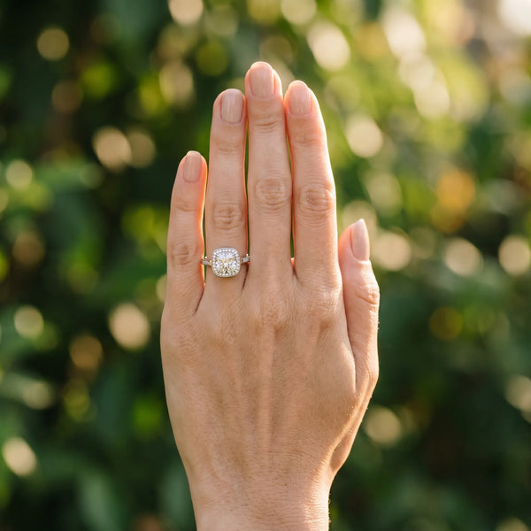 10K White Gold 2.55 Carat E VS1 Cushion Diamond Halo Ring with Split Shank and Four-Prong Setting